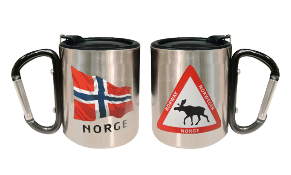 Termokopp med lokk, flagg og elgtrekant, sort karabinkrok