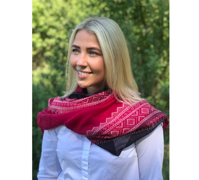 Wool scarf, MARIUS® pattern, raspberry red/white/purple