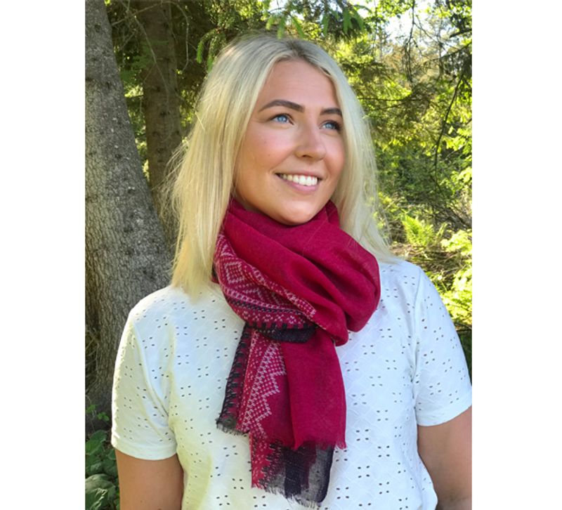 Wool scarf, MARIUS® pattern, raspberry red/white/purple