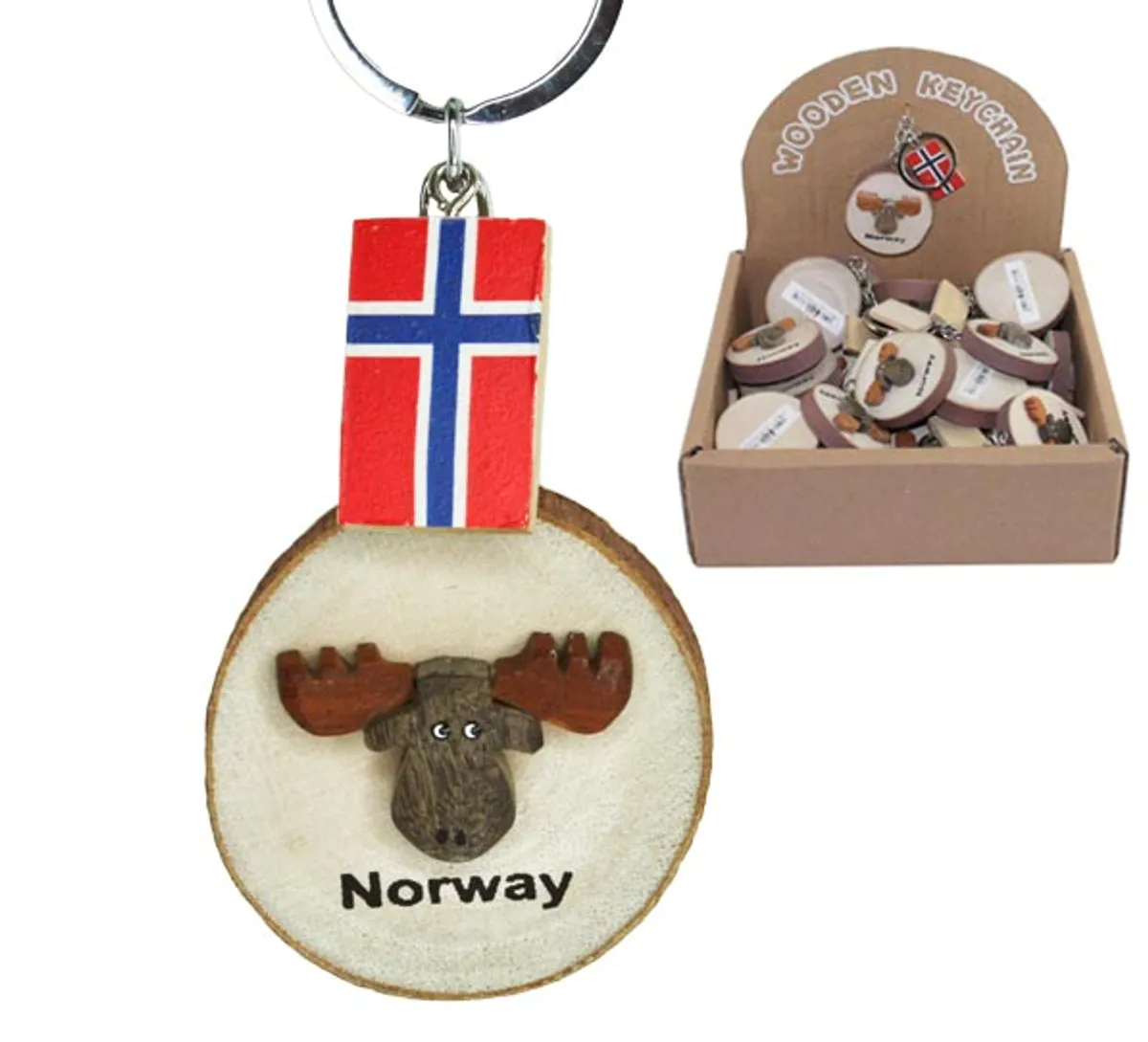 Nøkkelring rund med grå elg av tre